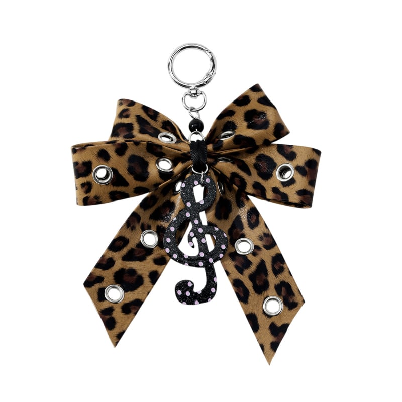 Breloch din piele cu imprimeu leopard multicolor, stil vintage retro, fundă, notă muzicală și pandantiv inimă