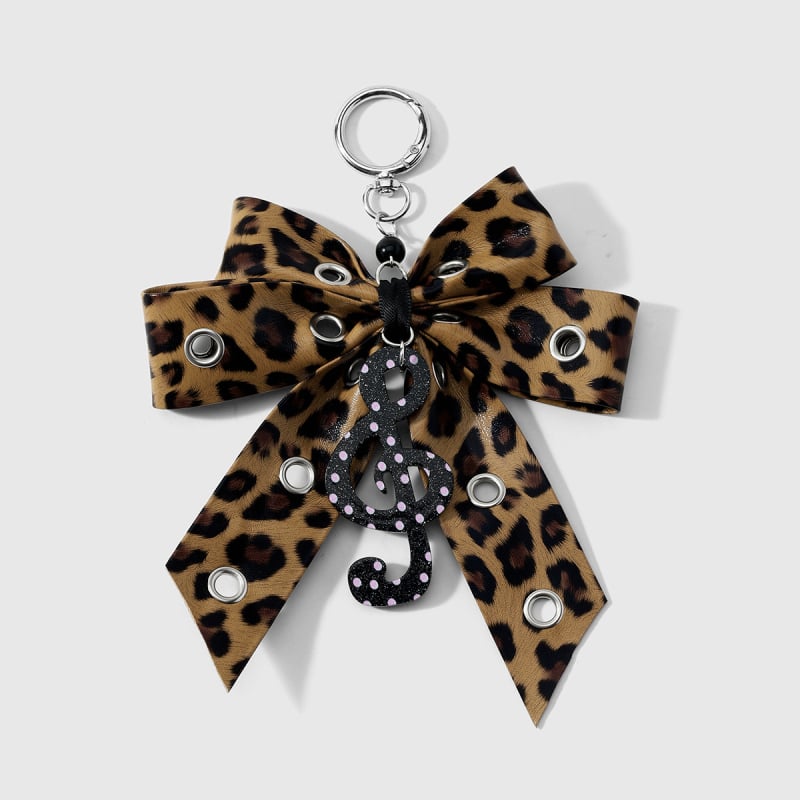 Breloch din piele cu imprimeu leopard multicolor, stil vintage retro, fundă, notă muzicală și pandantiv inimă