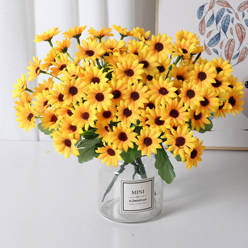 Umjetni buket od 7 stabljika suncokreta i 22 cvijeta krizanteme, dekorativna posuda za stolnu dekoraciju sa zelenilom