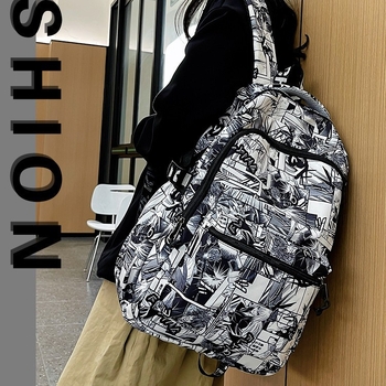 Graffiti ruksak s dizajnom crtića, unisex, 20-35 L, najlon, ulični stil, kompatibilan s 10-inčnim prijenosnim računalom