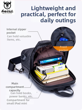 Geantă de piept pentru bărbați din pânză Oxford, cu suport pentru sticlă, port USB, crossbody lejer, buzunar pentru dispozitiv de 8 inch