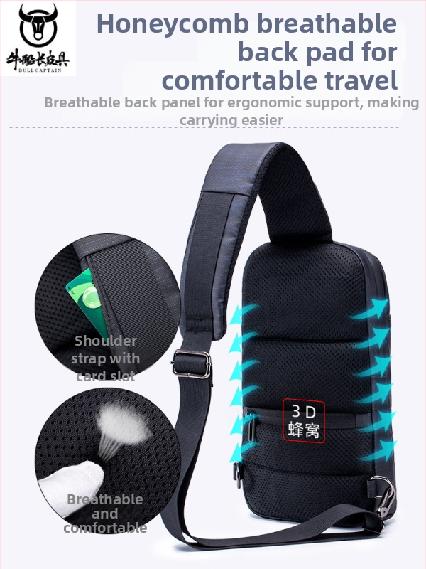 Pánska oxfordská náprsná taška s držiakom na fľašu, USB portom, ležérnou crossbody taškou a 20-centimetrovým vreckom na zariadenie.