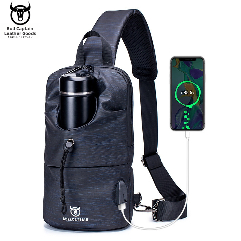 Geantă de piept pentru bărbați din pânză Oxford, cu suport pentru sticlă, port USB, crossbody lejer, buzunar pentru dispozitiv de 8 inch