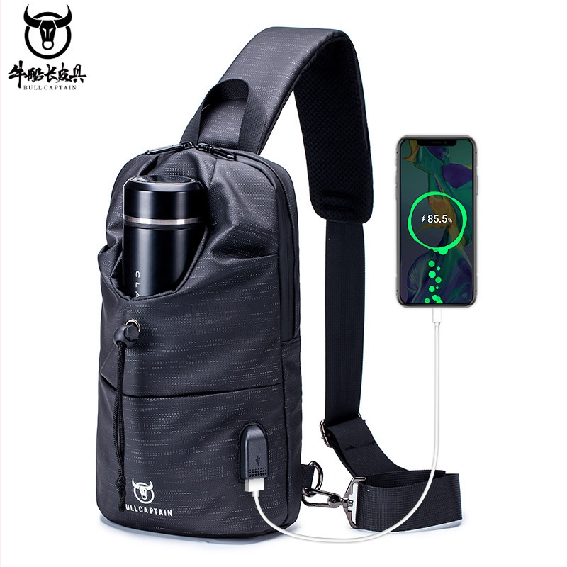 Geantă de piept pentru bărbați din pânză Oxford, cu suport pentru sticlă, port USB, crossbody lejer, buzunar pentru dispozitiv de 8 inch
