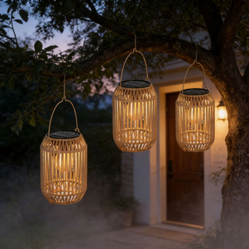Rustični stil sjenilo lampe od imitacije ratana, šuplje, cilindrično/konusno, za vrt i kampiranje sa solarnim svjetlima