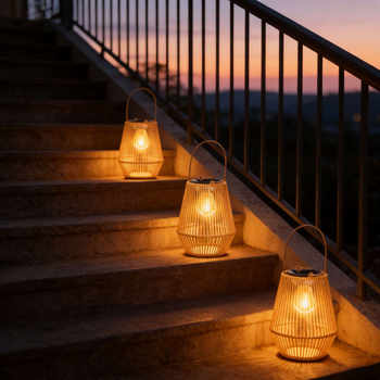 Rustični stil sjenilo lampe od imitacije ratana, šuplje, cilindrično/konusno, za vrt i kampiranje sa solarnim svjetlima