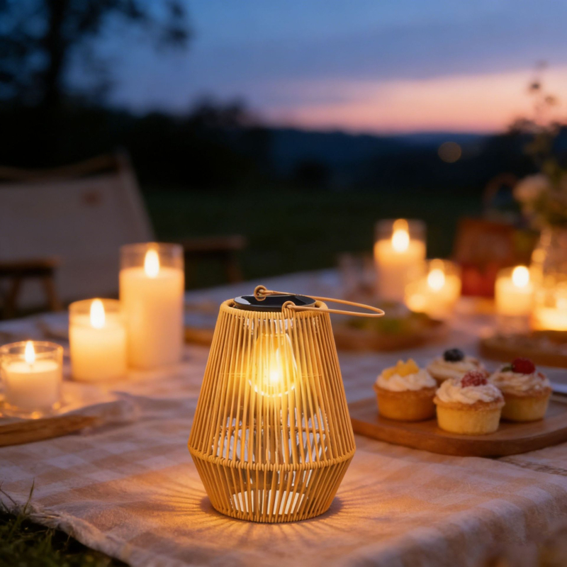 Rustični stil sjenilo lampe od imitacije ratana, šuplje, cilindrično/konusno, za vrt i kampiranje sa solarnim svjetlima