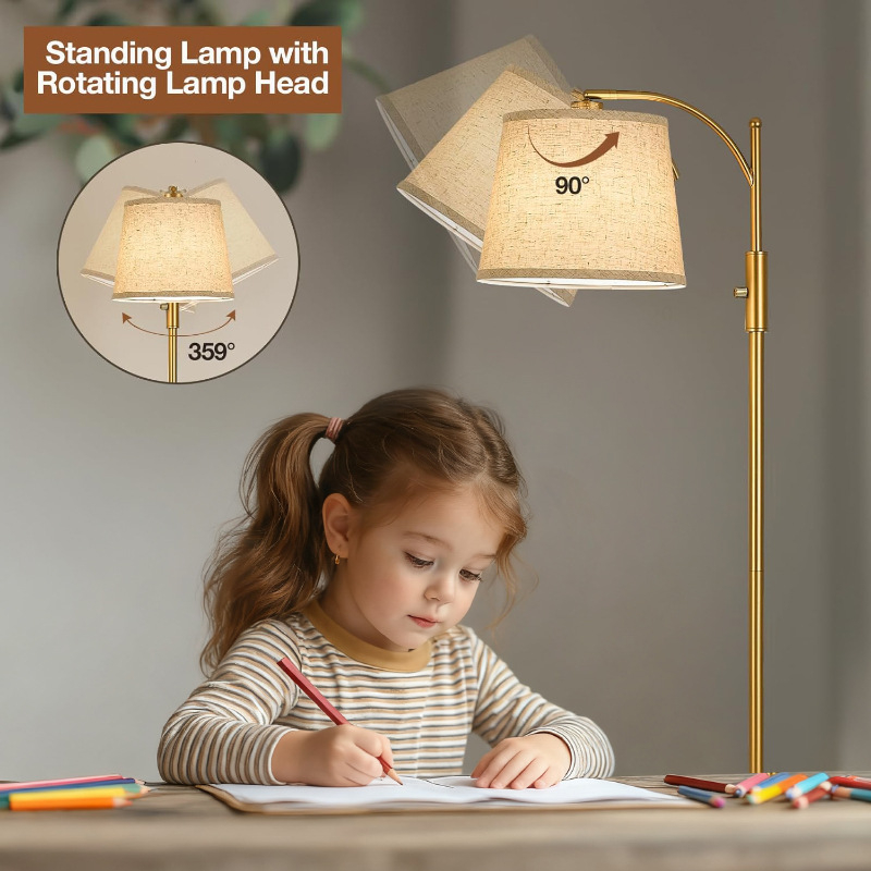 Podna lampa s abažurom od lanenog tkanina, metalno tijelo od željeza, LED rasvjeta, okretni prekidač; pogodna za dnevni boravak, spavaću sobu ili radnu sobu; moderan minimalistički dizajn
