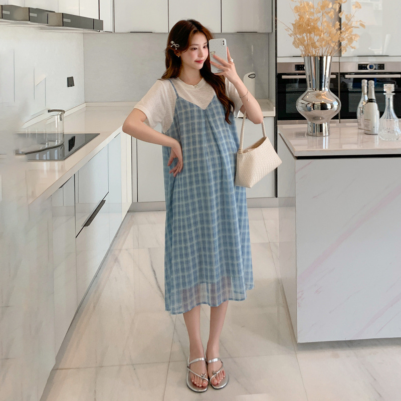 Kismama nyári ruha kockás patchwork mintával, álcázott két részes effektus, laza szabás