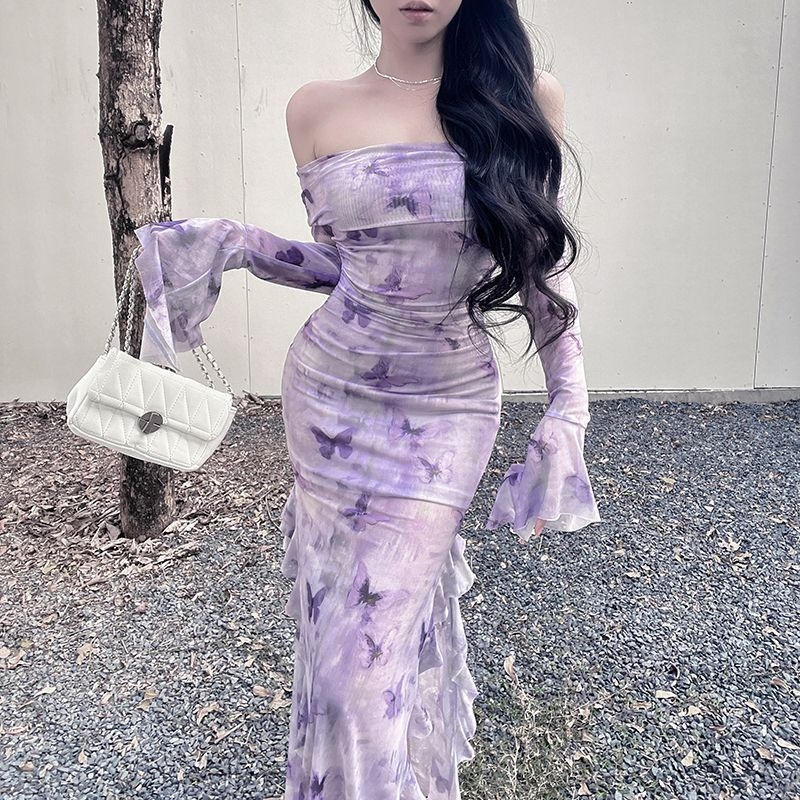 Retro haljina za jesen/zimu, ljubičasti print, haljina na jedno rame, sofisticiran i elegantan stil, visokokvalitetan dojam, silueta A-linije, tijesnim krojem.