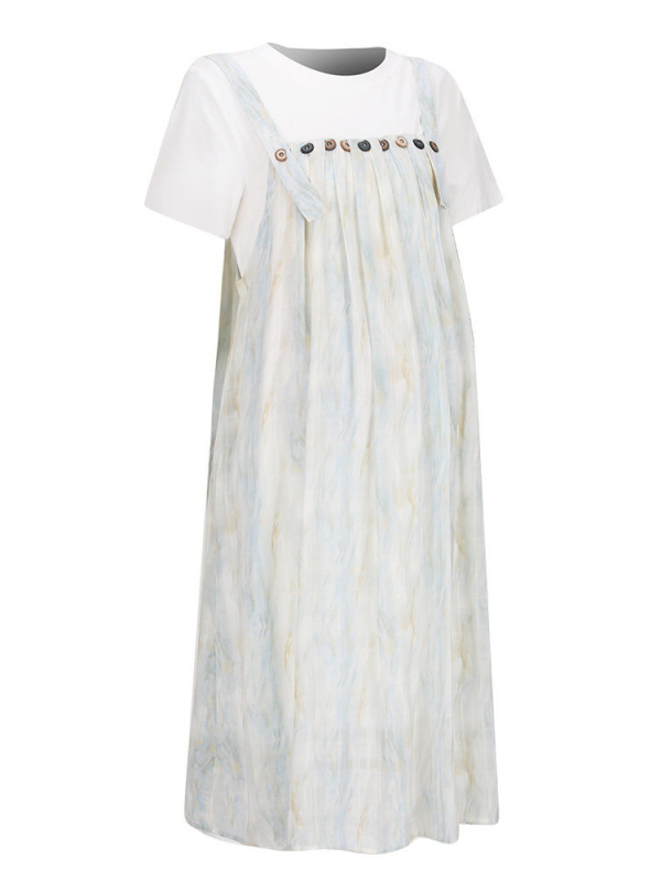 Plusz méretű terhes ruha pántokkal, tie-dye mintázat, laza szabás, pocakfedés, késői terhesség, A-vonalú midi