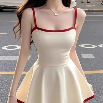 Női spagetti pántos ruha, nyári koreai stílus, karcsúsított szabás, bodycon, rövid A-vonalú ruha