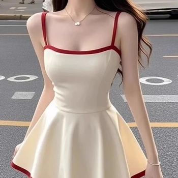 Női spagetti pántos ruha, nyári koreai stílus, karcsúsított szabás, bodycon, rövid A-vonalú ruha