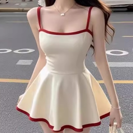 Női spagetti pántos ruha, nyári koreai stílus, karcsúsított szabás, bodycon, rövid A-vonalú ruha