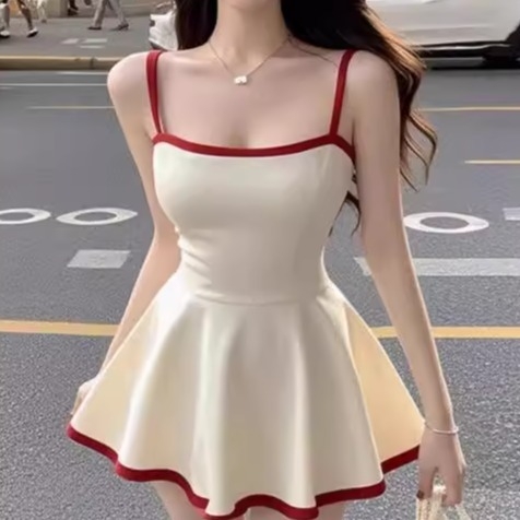 Női spagetti pántos ruha, nyári koreai stílus, karcsúsított szabás, bodycon, rövid A-vonalú ruha