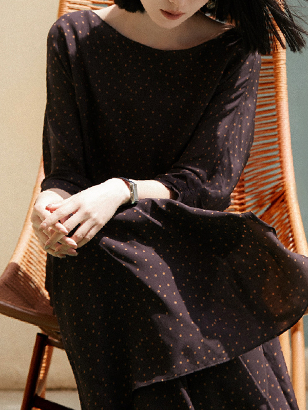 100% mulberry selyem, kétszeresen szőtt, vintage pöttyös ruha, karcsúsított derékkal