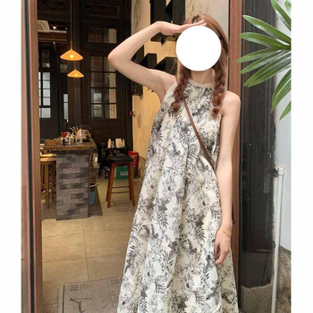 Niche mintás nyakpántos ujjatlan női ruha – nyári casual, laza szabás, elegáns hosszú ruha
