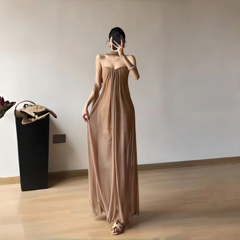 Elegantna haljina u francuskom stilu s mrežastim preklopom i detaljima vrpce, bez rukava, bustier, A-linija, za blago punije figure, ljeto 2026