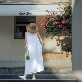 Női prémium len ruha, ujjatlan, kerek nyakú, középméretű, A-vonalú szabás, elegáns retro stílus, 2025 nyár