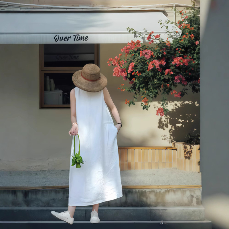 Női prémium len ruha, ujjatlan, kerek nyakú, középméretű, A-vonalú szabás, elegáns retro stílus, 2025 nyár