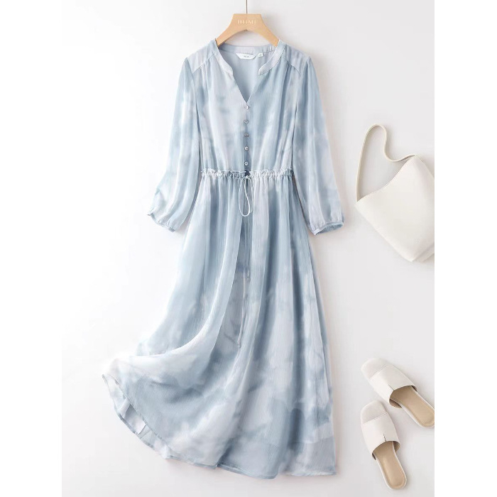 Női chiffon ruha, elegáns, kiváló minőségű, 2025 tavasz, midi hosszúságú