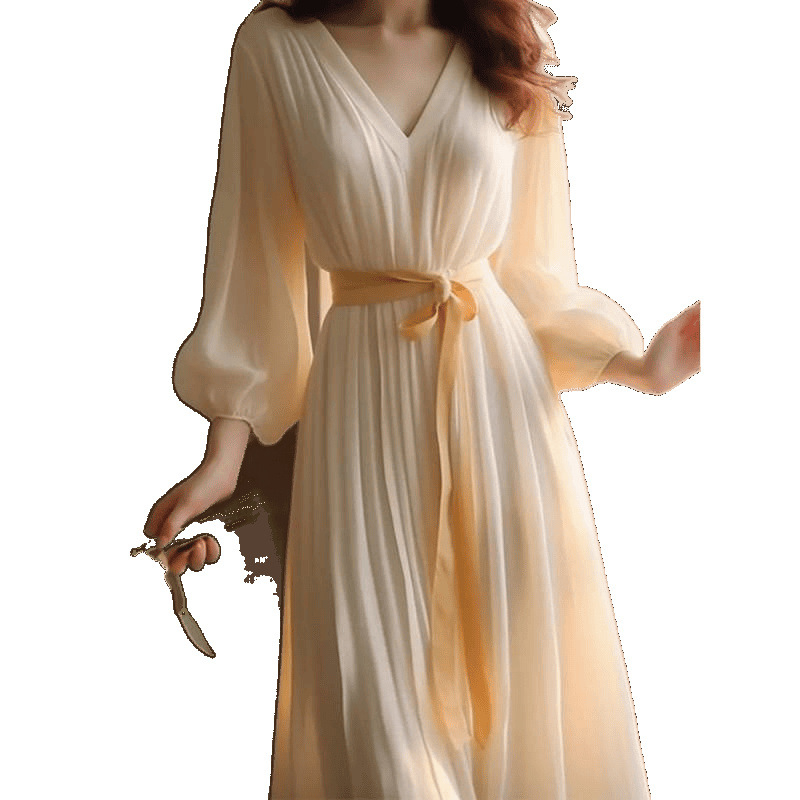 Fehér chiffon ruha francia stílusban, középméretű, A-vonalú, V-nyakú, lámpás ujjú