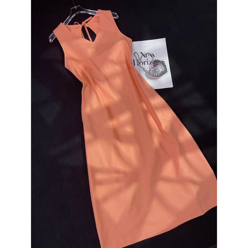 2025 új francia stílusú elegáns retró drapírozott ujjatlan midi ruha narancssárga