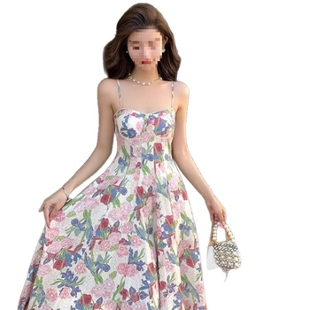 Elegáns virágos halterneck maxi ruha vintage francia stílusban a tengerparti nyárra – nőknek