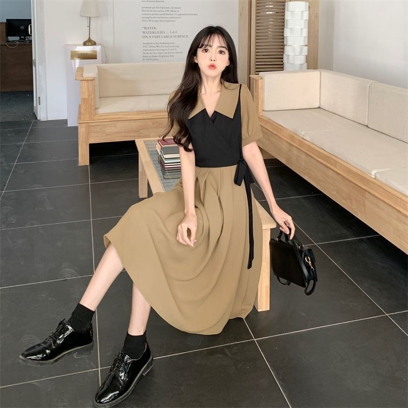 Uvijena haljina u francuskom stilu, tea dress, s twist detaljem, ljetna silueta koja naglašava figuru, plus veličina, haljina s color-block i lažnim dvodijelnim dizajnom