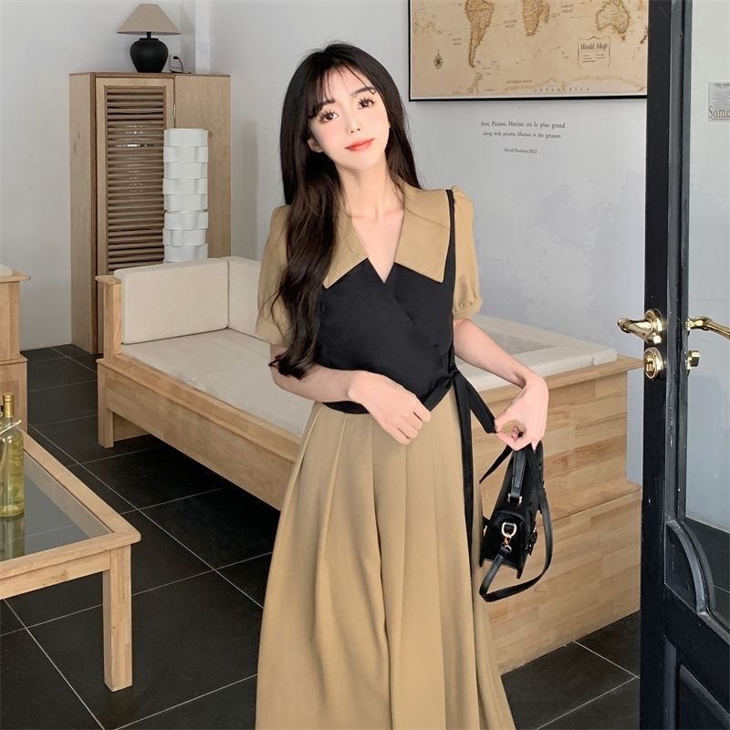 Uvijena haljina u francuskom stilu, tea dress, s twist detaljem, ljetna silueta koja naglašava figuru, plus veličina, haljina s color-block i lažnim dvodijelnim dizajnom