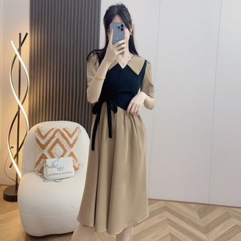 Haljina za čaj u franuskome stilu s detaljem uvrtanja, ljetna vitka silueta, plus-size božanstveni izgled, boja blokova lažni dvodijelni izgled