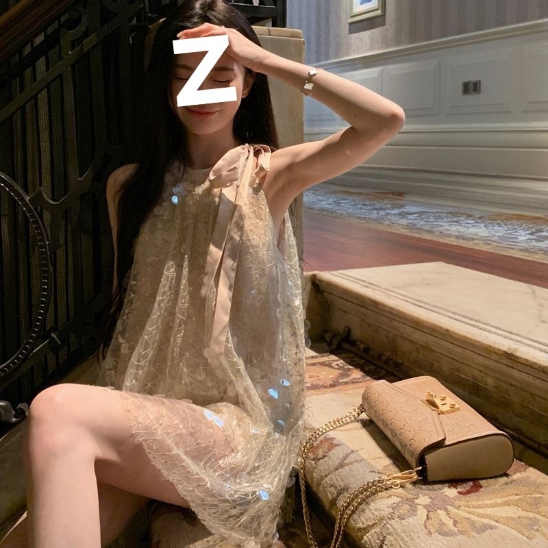 Női flitteres halternekú ruha, nyári strandhoz, laza szabású mini ruha