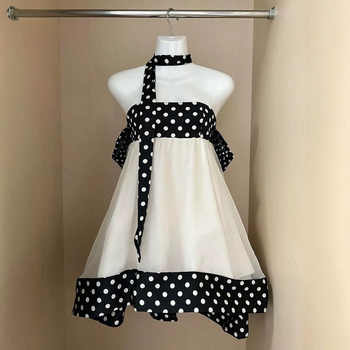 Francia stílusú patchworkos pöttyös ruha nőknek, nyári viselet; édes váll nélküli baby-doll fazonú rövid ruha