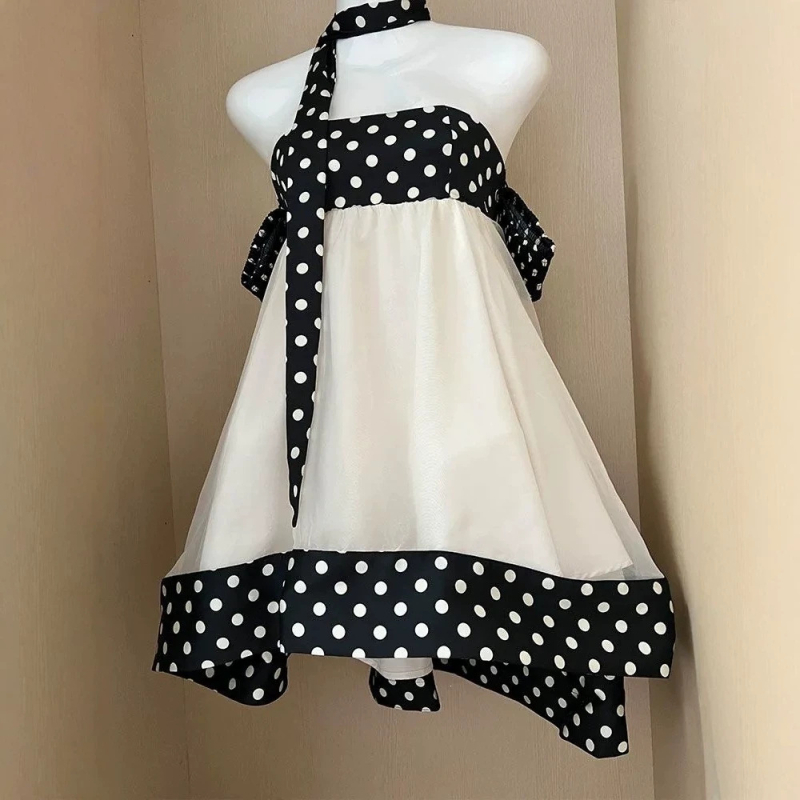 Francia stílusú patchworkos pöttyös ruha nőknek, nyári viselet; édes váll nélküli baby-doll fazonú rövid ruha