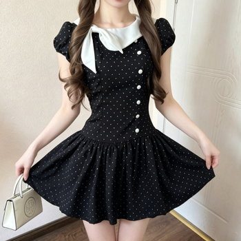 Japanska vintage haljina s točkicama, naglašeni struk, puff mini suknja, za sitne figure, ljeto 2026