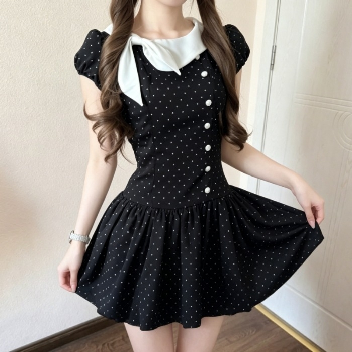Japanska vintage haljina s točkicama, naglašeni struk, puff mini suknja, za sitne figure, ljeto 2026