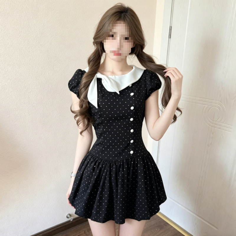 Japanska vintage haljina s točkicama, naglašeni struk, puff mini suknja, za sitne figure, ljeto 2026