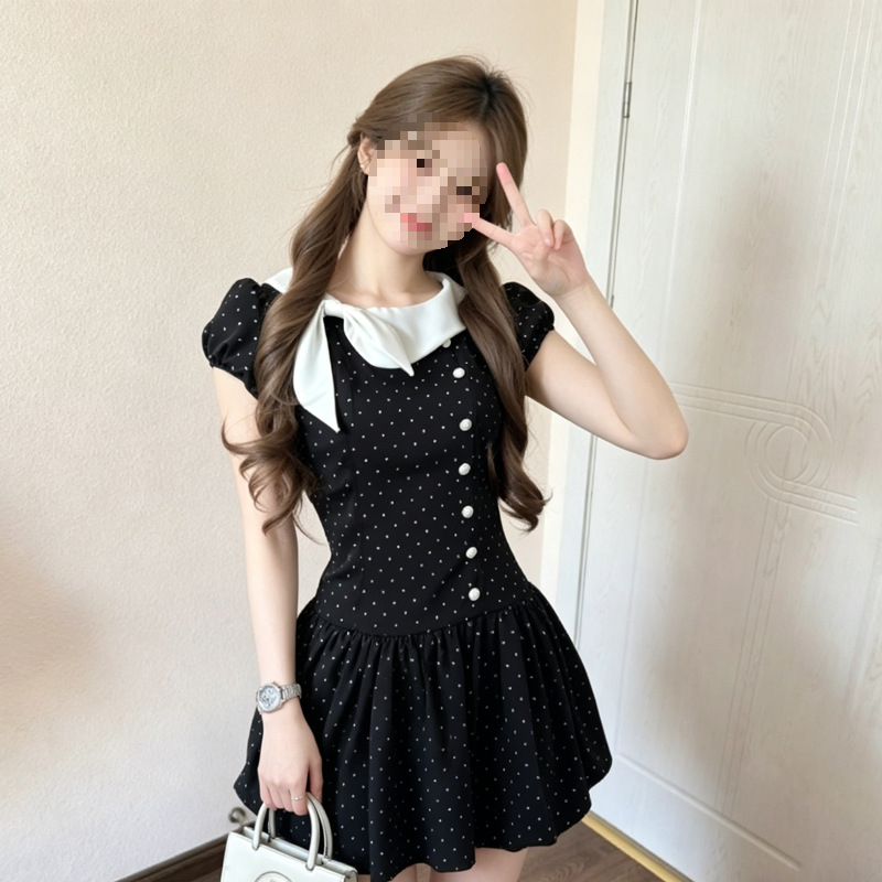 Japanska vintage haljina s točkicama, naglašeni struk, puff mini suknja, za sitne figure, ljeto 2026
