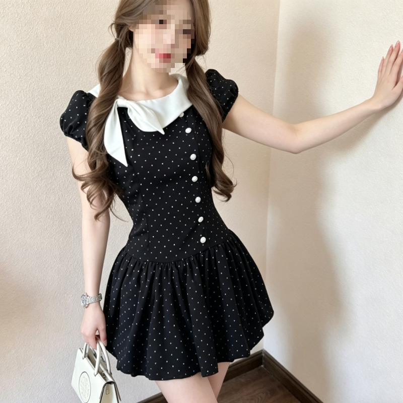 Japanska vintage haljina s točkicama, naglašeni struk, puff mini suknja, za sitne figure, ljeto 2026