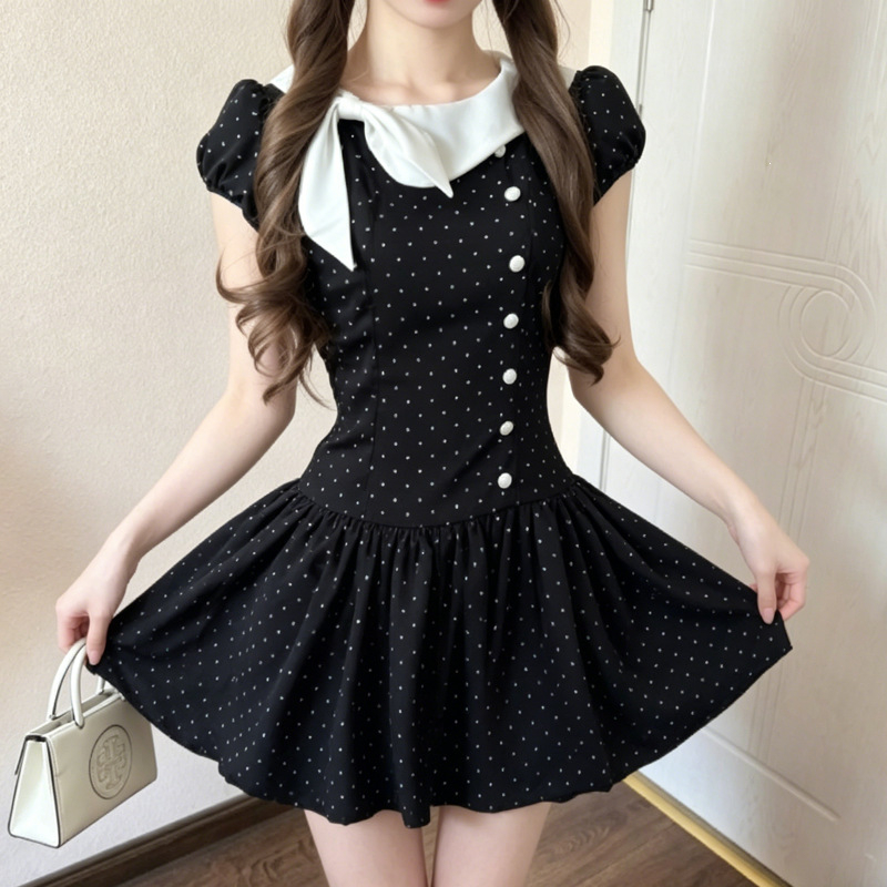 Japanska vintage haljina s točkicama, naglašeni struk, puff mini suknja, za sitne figure, ljeto 2026