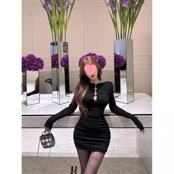 Ženska haljina s mašnicom i prorezima, dugi rukavi, jesen-zima, obostrano nošiva, uska silueta, kratka plisirana bodycon haljina