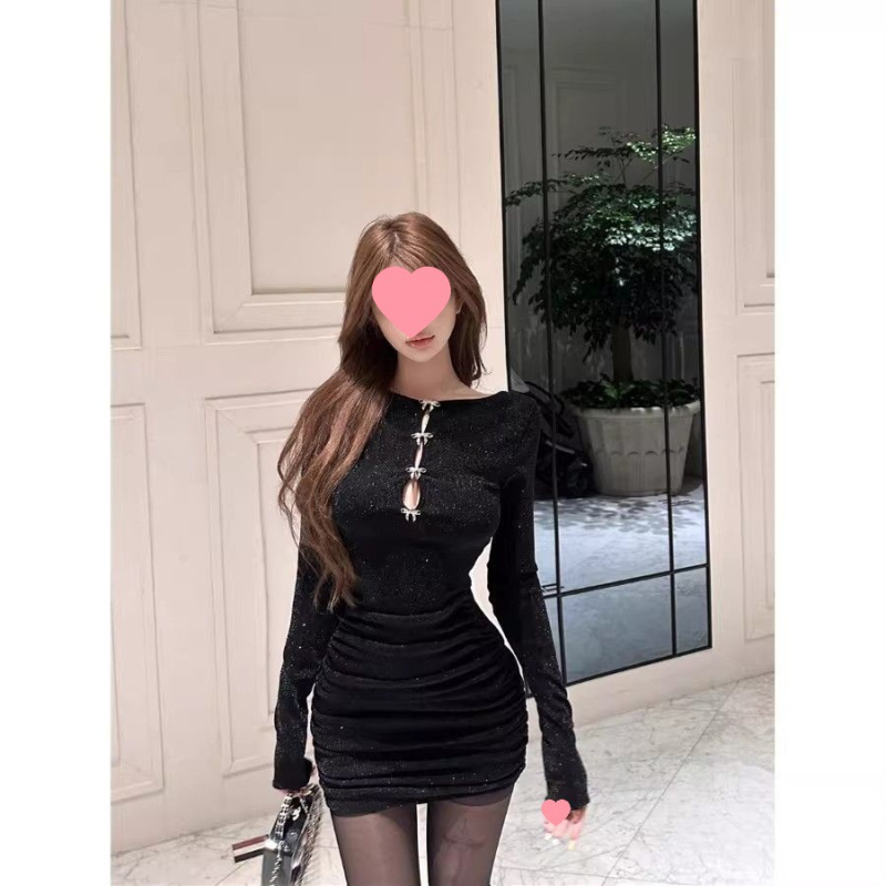 Ženska haljina s mašnicom i prorezima, dugi rukavi, jesen-zima, obostrano nošiva, uska silueta, kratka plisirana bodycon haljina