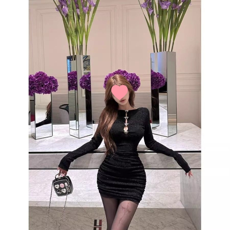Ženska haljina s mašnicom i prorezima, dugi rukavi, jesen-zima, obostrano nošiva, uska silueta, kratka plisirana bodycon haljina