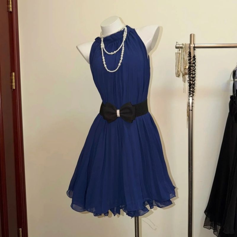 Vintage elegáns női ruha, nyári ujjatlan ingruha-stílusban, A-vonalú, kerek nyakú, elasztikus derék