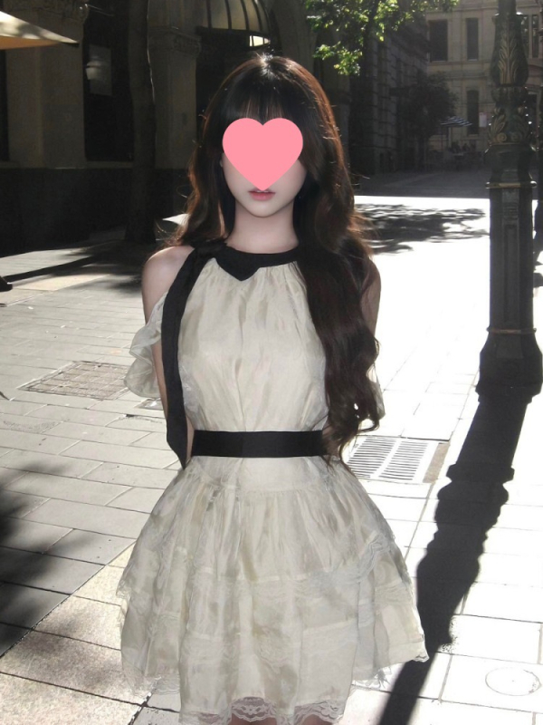 Rochie halter în stil Miu pentru femei, vară, lux cu dantelă la margine, rochie pufoasă tip cake pentru siluete mici