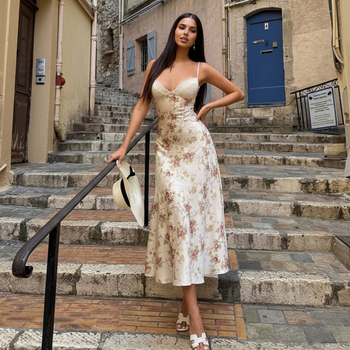 Francia utcai resort-stílus, szexi V-nyak, csipke satin panel, vállpántos ruha virágos mintával, A-vonalú maxi