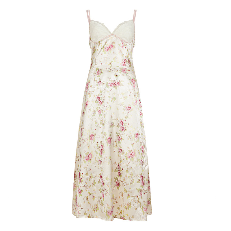 Francia utcai resort-stílus, szexi V-nyak, csipke satin panel, vállpántos ruha virágos mintával, A-vonalú maxi