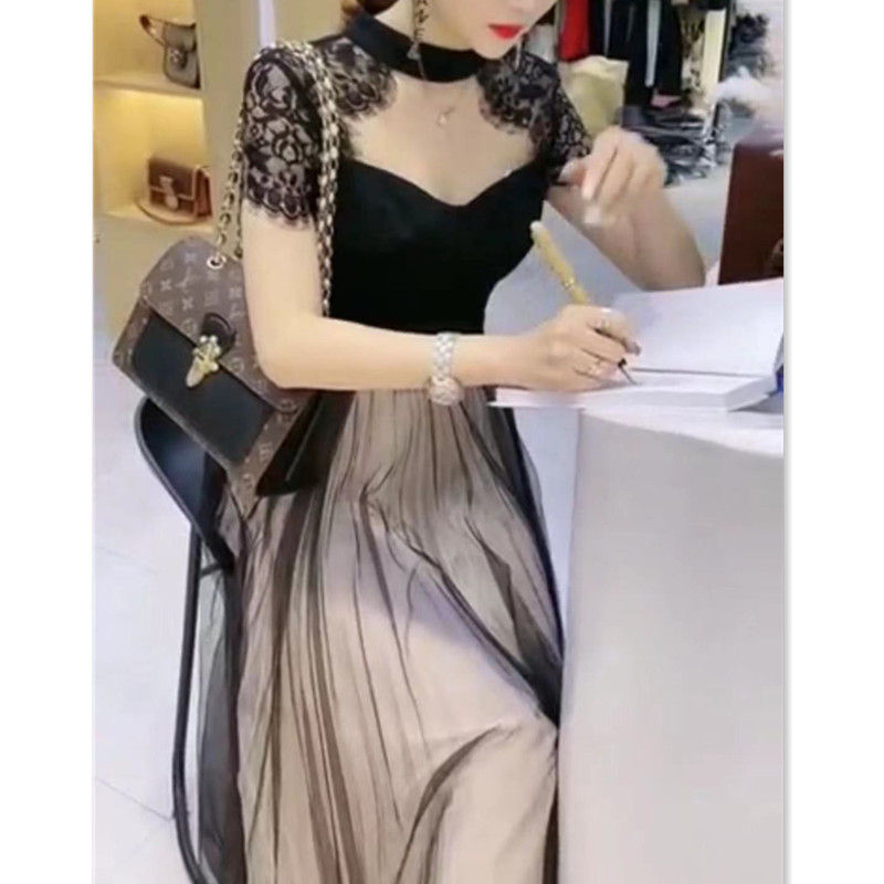 Koreai stílusú csipke patchwork midi ruha, tavasz 2025