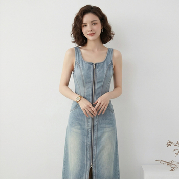 Denim midi ruha derékban karcsúsított szabással, ujjatlan, kerek nyakú, elöl hasítékkal, világos mosott denim, nyári elegáns stílus
