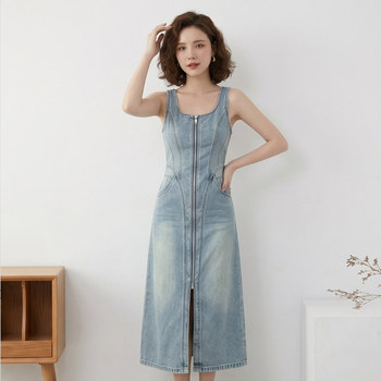Denim midi ruha derékban karcsúsított szabással, ujjatlan, kerek nyakú, elöl hasítékkal, világos mosott denim, nyári elegáns stílus